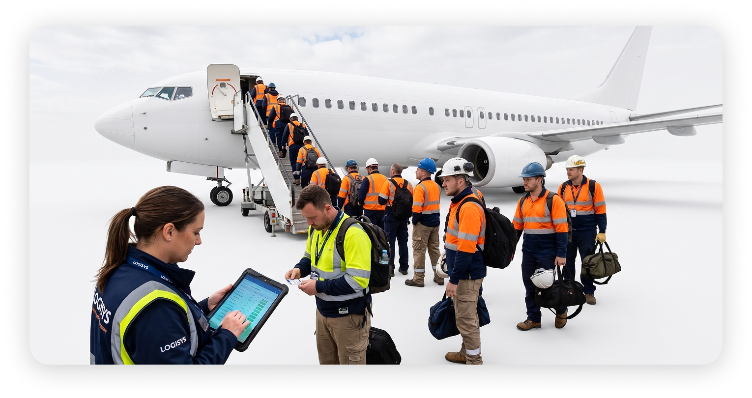 Ground crew checking in workers boarding an aircraft
