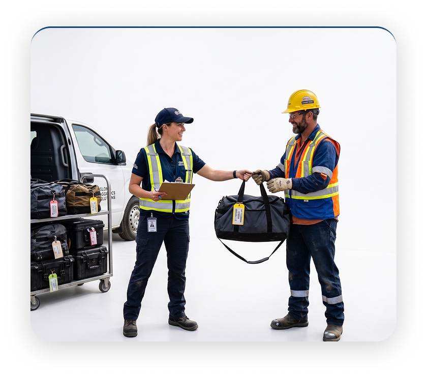 Logistics staff handing a duffel bag to a worker beside a delivery van