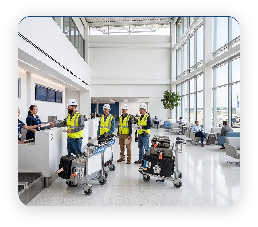Workers checking in luggage at the Travel Center counter